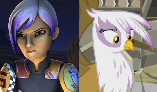 Size: 546x320 | Tagged: safe, derpibooru import, gilda, gryphon, human, sabine wren, similarities, star wars rebels