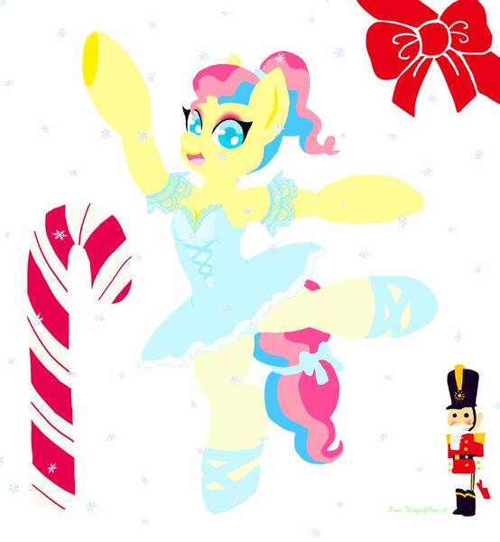 Size: 859x931 | Tagged: arms out, artist:kittysoftpaws-o3, ballerina, ballet, ballet slippers, bow, candy, candy cane, christmas, clothes, derpibooru import, food, holiday, nutcracker, oc, oc:twinkle toes, on one leg, ribbon, safe, snow, tights, tutu