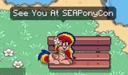Size: 602x354 | Tagged: safe, artist:jhayarr23ph, derpibooru import, oc, oc:pearl shine, unofficial characters only, pony, pony town, project seaponycon, anyway come to seaponycon, anyway come to trotcon, bench, nation ponies, philippines, sitting, solo