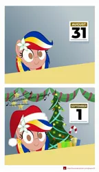 Size: 1491x2589 | Tagged: safe, artist:jhayarr23, derpibooru import, oc, oc:pearl shine, pony, calendar, christmas, christmas tree, descriptive noise, exploitable meme, female, flower, flower in hair, hat, holiday, looking at you, mare, meme, music notes, nation ponies, no catchlights, no pupils, philippines, santa hat, september, smiling, solo, spilled milk, tree, wide eyes