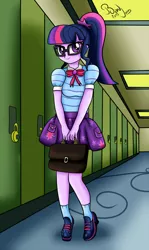 Size: 892x1500 | Tagged: safe, artist:bandijones, derpibooru import, sci-twi, twilight sparkle, equestria girls, equestria girls series, cute, geode of telekinesis, glasses, magical geodes, ponytail, shy, twiabetes