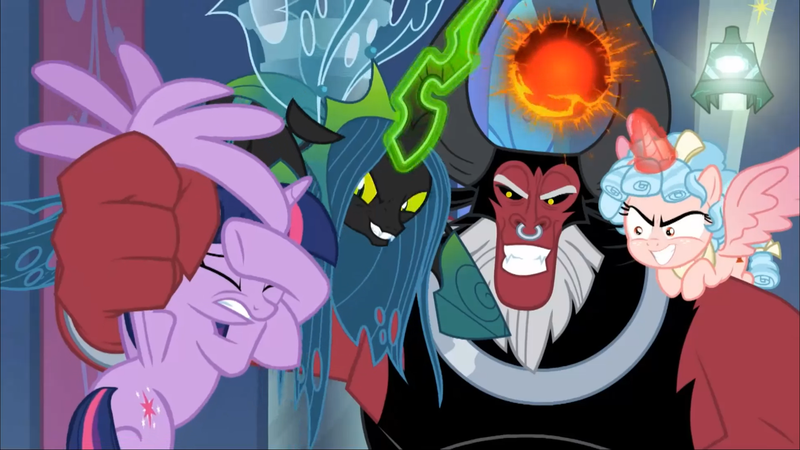 Size: 1920x1080 | Tagged: alicorn, alicornified, bell, centaur, changeling, cozycorn, cozy glow, crazycorn, crazy glow, derpibooru import, evil grin, grin, grogar's bell, insanity, lord tirek, queen chrysalis, race swap, safe, screencap, slasher smile, smiling, the ending of the end, twilight sparkle, twilight sparkle (alicorn), ultimate chrysalis