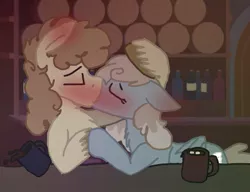 Size: 717x552 | Tagged: artist:primstreak97, base used, blushing, blushing profusely, chocolate, coffee, colored hooves, derpibooru import, dust devil, food, gay, hot chocolate, kissing, male, marshmallow, mug, parcel post, post haste, safe, shipping