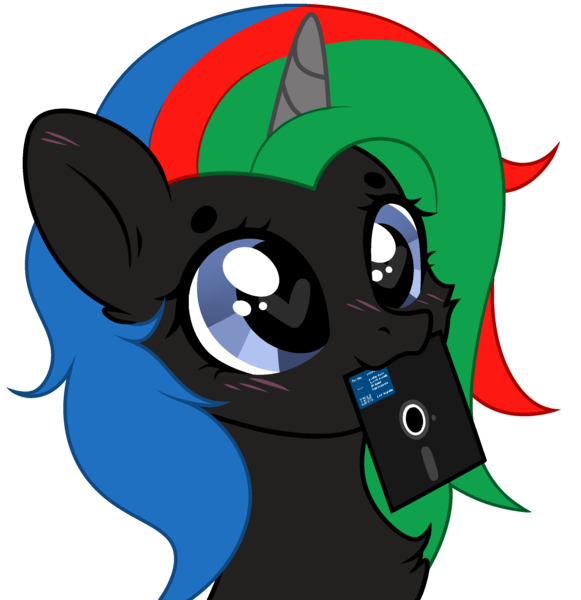 Size: 2634x2720 | Tagged: safe, artist:lazuli, artist:rioshi, artist:starshade, derpibooru import, oc, oc:thinkpony, unofficial characters only, pony, unicorn, blushing, commission, cute, floppy, floppy disk, ibm, ych result