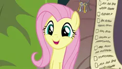 Size: 1920x1080 | Tagged: safe, derpibooru import, screencap, fluttershy, pony, she talks to angel, checklist, female, mare, smiling, solo