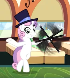 Size: 601x664 | Tagged: safe, derpibooru import, screencap, sweetie belle, pony, unicorn, growing up is hard to do, being big is all it takes, bipedal, cane, cropped, cute, dexterous hooves, diasweetes, female, hat, mare, older, older sweetie belle, smiling, solo, top hat, twirling, underhoof