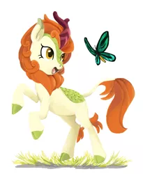 Size: 1309x1600 | Tagged: artist:nightmare fuel, autumn blaze, bipedal, birdwing butterfly, butterfly, derpibooru import, female, grass, happy, insect, kirin, looking at something, safe, simple background, smiling, solo, sounds of silence, white background