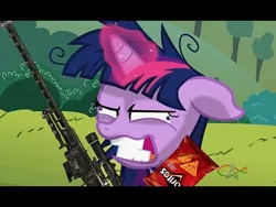 Size: 480x360 | Tagged: safe, derpibooru import, edit, edited screencap, screencap, twilight sparkle, pony, unicorn, lesson zero, chips, derp, doritos, female, food, glowing horn, gritted teeth, gun, horn, insanity, link in source, mare, messy mane, rifle, sniper rifle, solo, unicorn twilight, wat, weapon, youtube link, youtube poop