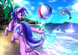 Size: 1323x935 | Tagged: safe, artist:calena, derpibooru import, sea swirl, seafoam, dolphin, pony, unicorn, ball, commission, cutie mark, female, island, mare, open mouth, sand, scenery, seashore, tree, underhoof