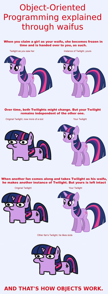 Size: 1098x2986 | Tagged: questionable, derpibooru import, twilight sparkle, pony, unicorn, comparison, huge slut, insane troll logic, object oriented programming, programming, twiggie, unicorn twilight, vulgar, waifu