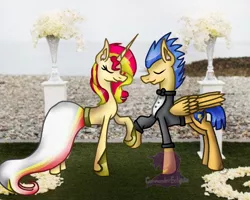 Size: 680x545 | Tagged: safe, artist:commandereclipse, derpibooru import, flash sentry, sunset shimmer, pony, bride, clothes, dress, female, flashimmer, groom, male, marriage, shipping, straight, suit, tuxedo, wedding, wedding dress