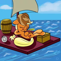 Size: 1024x1024 | Tagged: safe, artist:chaosmalefic, derpibooru import, applejack, earth pony, pony, barrel, ocean, raft, sail, sleeping, water, wilson (cast away)