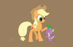 Size: 2176x1408 | Tagged: safe, artist:chaosmalefic, derpibooru import, applejack, spike, dragon, pony, cute, simple background