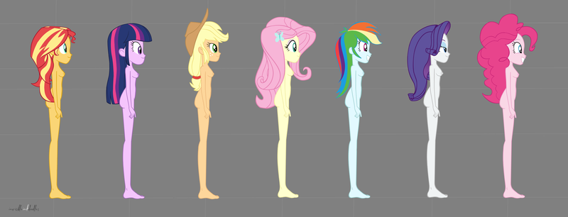 Size: 4819x1841 | Tagged: questionable, artist:invisibleink, derpibooru import, applejack, fluttershy, pinkie pie, rainbow dash, rarity, sci-twi, sunset shimmer, twilight sparkle, equestria girls, artistic nudity, ass, barefoot, breasts, butt, complete nudity, feet, female, females only, full body, humane five, humane seven, humane six, nipples, nudity, show accurate, show accurate porn, standing, toes