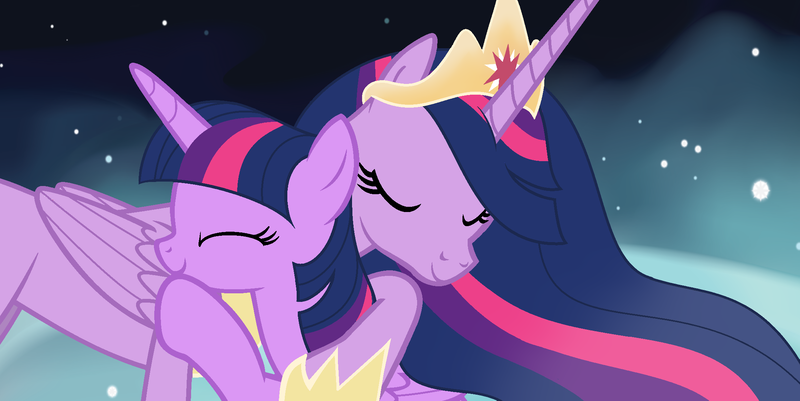 Size: 2152x1080 | Tagged: safe, artist:staricy097, derpibooru import, princess twilight 2.0, twilight sparkle, twilight sparkle (alicorn), alicorn, pony, the last problem, cute, hug, self ponidox, time paradox