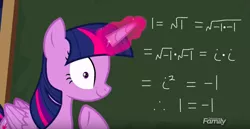 Size: 849x437 | Tagged: safe, derpibooru import, edit, edited screencap, screencap, twilight sparkle, twilight sparkle (alicorn), alicorn, pony, chalkboard, crazed, discovery family logo, fancy mathematics, glowing horn, horn, math, meme, paradox