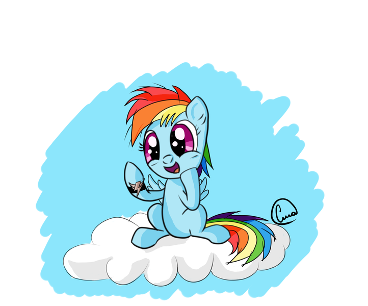 Size: 2600x2160 | Tagged: safe, artist:chaosmalefic, derpibooru import, rainbow dash, pony, bracelet, cloud, cute, female, filly, filly rainbow dash, jewelry, younger