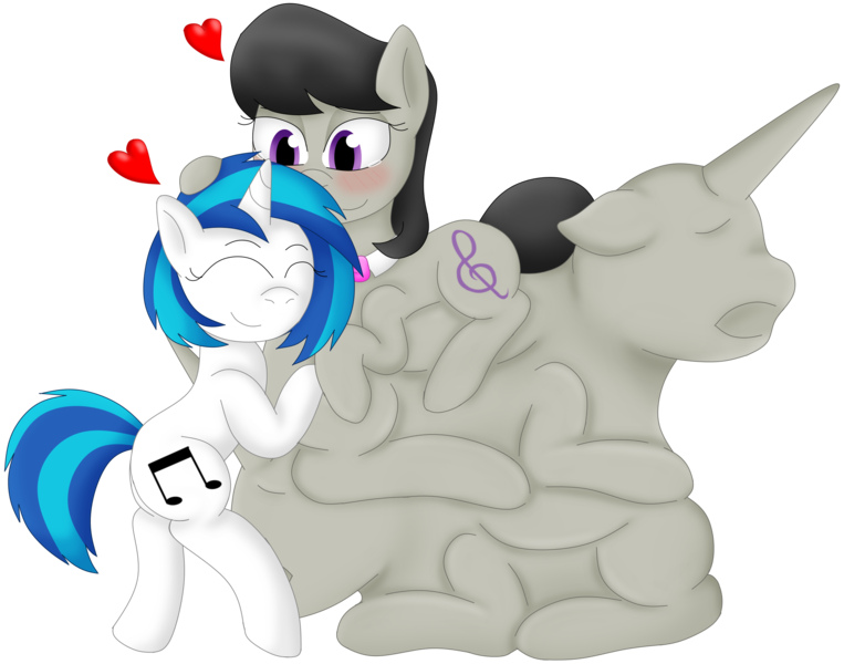 Size: 2393x1883 | Tagged: questionable, artist:girlsvoreboys, derpibooru import, octavia melody, princess celestia, princess luna, vinyl scratch, alicorn, earth pony, pony, unicorn, female, fetish, hug, lesbian, multiple prey, predtavia, same size vore, scratchtavia, shipping, tight belly, vore