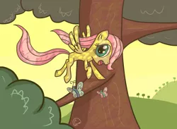 Size: 2600x1900 | Tagged: safe, artist:chaosmalefic, derpibooru import, fluttershy, butterfly, pegasus, pony, cute, dappled sunlight, female, filly, filly fluttershy, solo, tree, younger