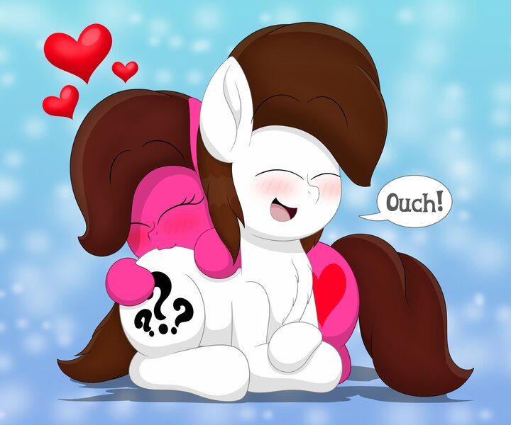 Size: 2048x1707 | Tagged: safe, artist:aarondrawsarts, derpibooru import, oc, oc:brain teaser, oc:rose bloom, earth pony, pony, biting, blushing, brainbloom, butt, butt bite, chest fluff, cute, dialogue, female, literal butthurt, male, oc x oc, ouch, pain, shipping, straight