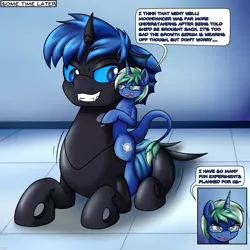 Size: 2000x2000 | Tagged: safe, artist:novaspark, derpibooru import, oc, oc:change, oc:nova spark, unofficial characters only, changeling, monster pony, original species, pony, tatzlpony, blue changeling, changeling oc, fangs, macro, ponies riding ponies, riding, shrinking