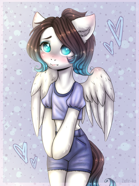 Size: 1500x2000 | Tagged: safe, artist:zefirka, derpibooru import, oc, oc:ice energy, pegasus, pony, bipedal, blushing, clothes, commission, ear fluff, femboy, male, solo, ych result