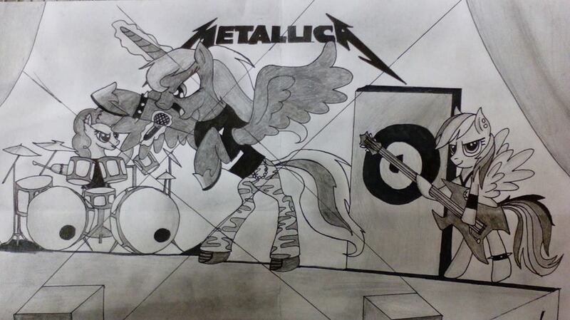 Size: 960x539 | Tagged: safe, artist:harpielady5nazifan, derpibooru import, pinkie pie, princess luna, rainbow dash, pony, metallica, monochrome, traditional art