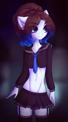 Size: 1644x2964 | Tagged: anthro, anthro oc, artist:tomness, clothes, commission, crossdressing, derpibooru import, femboy, garters, male, midriff, miniskirt, oc, oc:ice energy, pleated skirt, safe, school uniform, skirt, socks, stallion, stockings, thigh highs, trap, unofficial characters only, ych result, zettai ryouiki