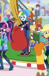 Size: 315x488 | Tagged: safe, derpibooru import, screencap, alizarin bubblegum, applejack, gallop j. fry, nolan north, normal norman, princess celestia, rainbow dash, sci-twi, track starr, twilight sparkle, equestria girls, equestria girls series, holidays unwrapped, spoiler:eqg series (season 2), background human, clothes, cropped, cute, dashabetes, principal celestia, sack, winter break-in, winter outfit