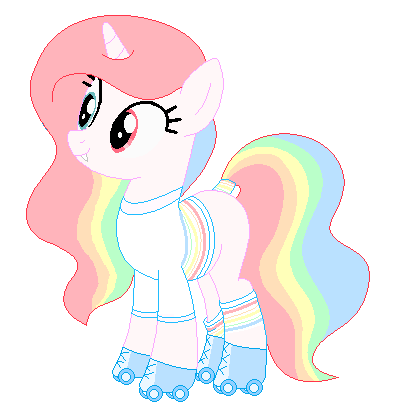 Size: 393x416 | Tagged: safe, artist:funny-arts, artist:selenaede, derpibooru import, oc, oc:pastel tracks, unofficial characters only, hybrid, pony, unicorn, vampire, icey-verse, base used, blank flank, clothes, fangs, female, heterochromia, magical lesbian spawn, mare, multicolored hair, offspring, parent:oc:night rainbow, parent:oc:rolla derbi, parents:oc x oc, pastel, rainbow hair, rainbow socks, roller skates, shirt, simple background, socks, solo, striped socks, t-shirt, tail wrap, transparent background