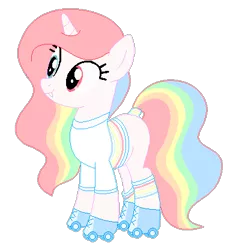 Size: 393x416 | Tagged: safe, artist:funny-arts, artist:selenaede, derpibooru import, oc, oc:pastel tracks, unofficial characters only, hybrid, pony, unicorn, vampire, icey-verse, base used, blank flank, clothes, fangs, female, heterochromia, magical lesbian spawn, mare, multicolored hair, offspring, parent:oc:night rainbow, parent:oc:rolla derbi, parents:oc x oc, pastel, rainbow hair, rainbow socks, roller skates, shirt, simple background, socks, solo, striped socks, t-shirt, tail wrap, transparent background