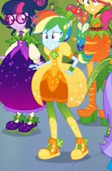 Size: 328x499 | Tagged: safe, derpibooru import, screencap, rainbow dash, sci-twi, sunset shimmer, twilight sparkle, equestria girls, equestria girls series, holidays unwrapped, spoiler:eqg series (season 2), clothes, converse, cornucopia costumes, costume, cropped, o come all ye squashful, ponytail, rainbow dash always dresses in style, shoes