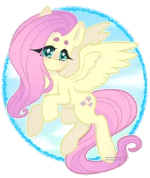 Size: 822x973 | Tagged: safe, artist:sawberrykiss, derpibooru import, fluttershy, pegasus, pony, beanbrows, circle, cute, eye clipping through hair, eyebrows, female, head turn, mare, shyabetes, simple background, sky, smiling, solo, spread wings, three quarter view, transparent background, wings