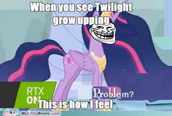 Size: 1033x698 | Tagged: safe, derpibooru import, edit, edited screencap, screencap, princess celestia, alicorn, pony, the last problem, leak, female, funny, impact font, mare, meme, mylittlebrony.com, needs more jpeg, problem, rtx, solo, trollestia, trollight sparkle