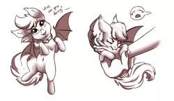 Size: 1368x800 | Tagged: safe, artist:28gooddays, derpibooru import, bat pony, pony, biting, collar, commission, dock, ear fluff, female, hand, human and pony, looking at you, monochrome, on back, pet tag, pony pet, wings, ych example, ych sketch, your character here