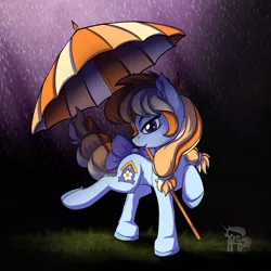 Size: 3500x3500 | Tagged: safe, artist:calena, derpibooru import, oc, oc:aurelia coe, unofficial characters only, pony, coe, dancing, dancing in the rain, grass, high res, looking at you, rain, ribbon, sassy, signature, simple background, smiley face, solo, umbrella