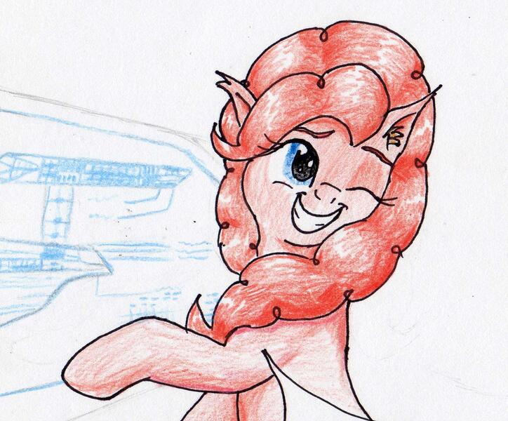 Size: 1596x1322 | Tagged: safe, artist:40kponyguy, derpibooru import, pinkie pie, earth pony, pony, ear fluff, grin, looking back, one eye closed, schematics, smiling, solo, star trek (tos), traditional art, wip