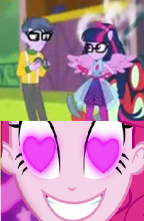 Size: 203x311 | Tagged: safe, derpibooru import, edit, screencap, microchips, pinkie pie, sci-twi, twilight sparkle, cheer you on, coinky-dink world, eqg summertime shorts, equestria girls, equestria girls series, spoiler:eqg series (season 2), female, male, meme, microlight, pinkie the shipper, pinkie's eyes, scitwilicorn, shipping, shipping domino, straight, super ponied up