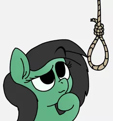 Size: 800x860 | Tagged: semi-grimdark, artist:t72b, derpibooru import, oc, oc:anonfilly, earth pony, pony, contemplating, female, filly, gray background, hoof on chin, implied hanging, noose, simple background, solo, suicide