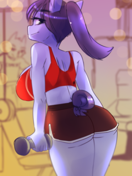 Size: 1500x2000 | Tagged: safe, artist:klaudy, derpibooru import, oc, anthro, pony, ass, booty shorts, breasts, busty oc, butt, clothes, commission, gym, gym uniform, midriff, ponytail, sexy, shorts, smiley face, solo, sports bra, sports shorts, sweat, workout, workout outfit, ych example, ych sketch, your character here