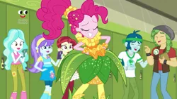 Size: 1920x1080 | Tagged: safe, derpibooru import, screencap, aqua blossom, captain planet, paisley, pinkie pie, rose heart, sandalwood, equestria girls, equestria girls series, holidays unwrapped, spoiler:eqg series (season 2), clothes, cornucopia costumes, dress, laughing, o come all ye squashful, plusplus, pointing, ponytail, smiling