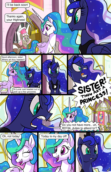 Size: 1989x3072 | Tagged: safe, artist:docwario, derpibooru import, princess celestia, princess luna, oc, oc:alice goldenfeather, oc:flaky pastry, alicorn, pony, comic:royal chores, angry, comic, eyes closed, jewelry, necklace, open mouth, royal sisters, speech bubble