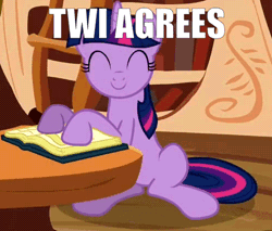 Size: 493x420 | Tagged: safe, derpibooru import, edit, edited screencap, screencap, twilight sparkle, pony, unicorn, a friend in deed, animated, book, caption, cropped, cute, eyes closed, female, golden oaks library, image macro, ladder, looking at you, mare, nodding, sitting, smiling, solo, text, twiabetes, unicorn twilight, yes