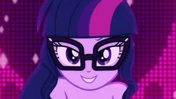 Size: 640x360 | Tagged: suggestive, derpibooru import, edit, edited screencap, screencap, sci-twi, twilight sparkle, equestria girls, equestria girls series, i'm on a yacht, spoiler:eqg series (season 2), bedroom eyes, cropped, female, glasses, looking at you, nude edit, nudity, sexy, sexy egghead, solo, solo female