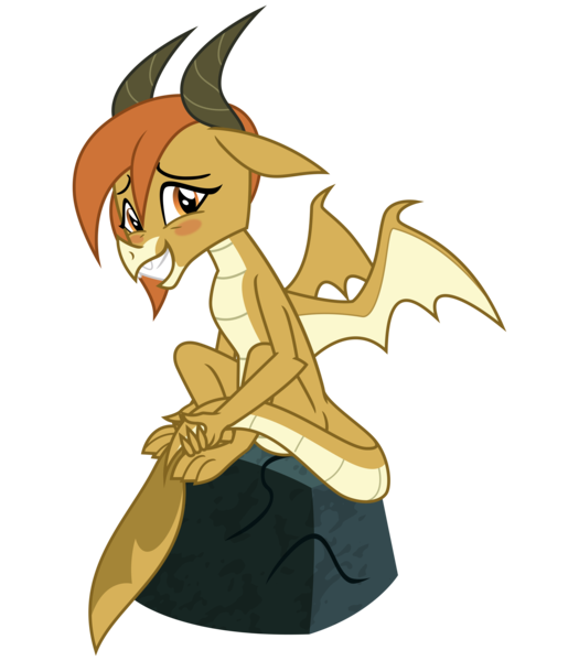 Size: 2800x3200 | Tagged: artist:cheezedoodle96, blushing, changedling, changeling, cute, derpibooru import, diaocelles, disguise, disguised changeling, dragon, dragonellus, dragon ocellus, female, holding tail, looking at you, ocellus, rock, safe, shy, simple background, sitting, smiling, solo, spread wings, svg, .svg available, transparent background, vector, wings