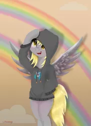 Size: 4550x6300 | Tagged: artist:darksly, bipedal, bottomless, clothes, commission, cute, derpibooru import, derpy hooves, female, hoodie, open mouth, partial nudity, pegasus, rainbow, safe, semi-anthro, smiling, solo, spread wings, standing, sweater, wings