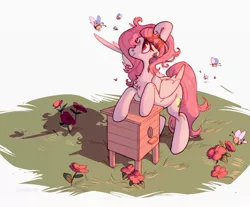 Size: 1572x1300 | Tagged: safe, artist:frgtmenot_mind, derpibooru import, oc, unofficial characters only, bee, insect, pegasus, pony, bee box, beehive, beekeeper, flower, solo