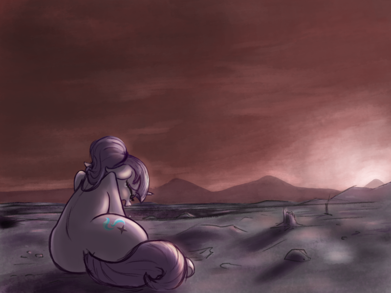 Size: 2000x1500 | Tagged: safe, artist:t72b, derpibooru import, starlight glimmer, pony, unicorn, the cutie re-mark, alone, alternate timeline, ashlands timeline, bad end, barren, crying, implied genocide, post-apocalyptic, s5 starlight, sad, sadlight glimmer, solo, sunset, the end is neigh, wasteland