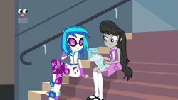 Size: 1347x759 | Tagged: safe, derpibooru import, screencap, octavia melody, vinyl scratch, equestria girls, equestria girls series, holidays unwrapped, spoiler:eqg series (season 2), canterlot high, female, plusplus, stairs