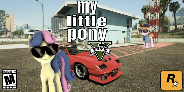 Size: 638x318 | Tagged: safe, artist:goatcanon, derpibooru import, edit, editor:undeadponysoldier, bon bon, copper top, sweetie drops, earth pony, pony, 3d, box art, building, car, exploitable meme, g5, game rating, grand theft auto, gta v, los santos, make it happen, meme, parking lot, parody, radio tower, rockstar games, rockstar games logo, source filmmaker, streetlight, sunglasses, title drop, vehicle, video game